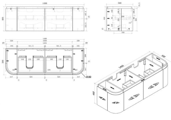 Milan 900-1500mm Curved Vanity