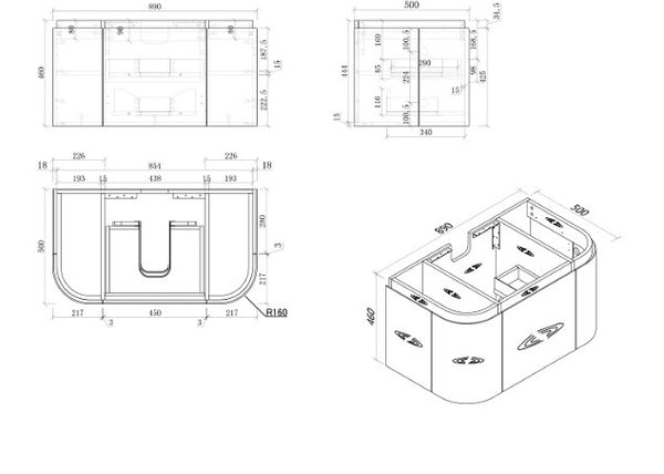 Milan 900-1500mm Curved Vanity