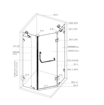 Fully Frameless 850 x 850 Diamond Shower Screen